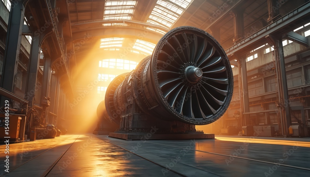 Poster large industrial turbine in factory setting. warm sunlight streams through windows, illuminating eng