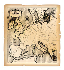 Old geographic map of Western, Central, Southern and Southeastern Europe in a free interpretation on a brown parchment. Drawing in black and white vintage engraving style. Vector Illustration