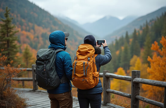 Couple hikers with backpacks take picture of autumn forest mountain landscape. Man, woman use phone take photo of Quebec park nature. Travel, vacation. Outdoor activities.