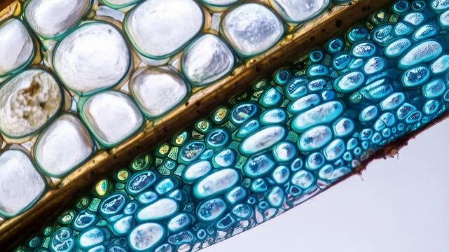 Microscopic view of plant cells showcases the intricate structural details and vibrant turquoise and white colors, biology study
