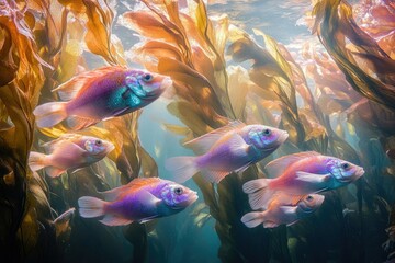 A vibrant school of fish swims through kelp forests in clear, turquoise waters, a serene underwater scene.