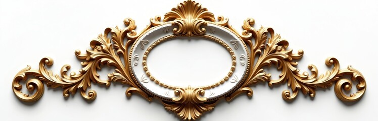 Ornate gold baroque frame with white oval center. Decorative design features acanthus leaves, scrolls, swirls. Vintage classic elegant luxury decor for invitations, backgrounds, art, graphic