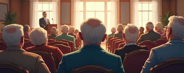 Town hall meeting featuring seniors. Speaker discusses retirement savings, social security impacting public policy. Community discussion about financial planning investment. Focus on ageing