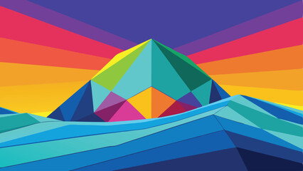 Colorful geometric mountain landscape with gradient sky for creative design projects
