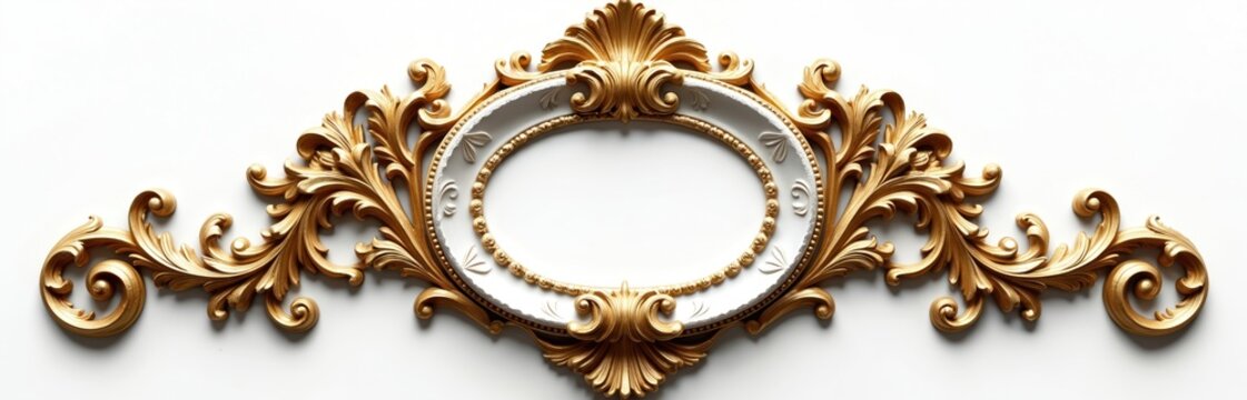 Ornate gold baroque frame with white oval center. Decorative design features acanthus leaves, scrolls, swirls. Vintage classic elegant luxury decor for invitations, backgrounds, art, graphic