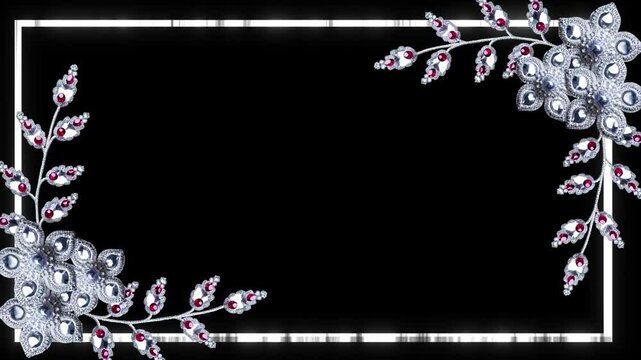 Sparkling Diamond and Ruby Floral Corner Frame with Glowing White Border on Black Background Video - Elegant Design Element, Elegant black background with a glowing white frame adorned with luxurious 