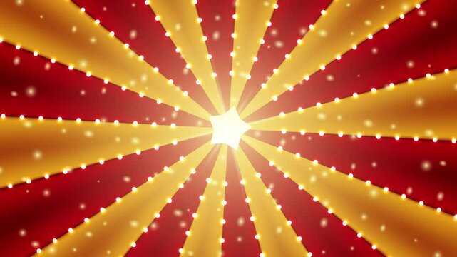 Circus animated rotation looped background of red and gold lines stripe with star constellations light bulbs tinsel. Retro motion graphic sun beam ray. Fun fair burst.
