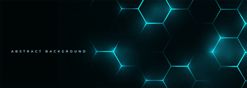 Dark hexagon abstract technology background with blue colored bright flashes under hexagon. Hexagonal gaming vector tech wide illustration.