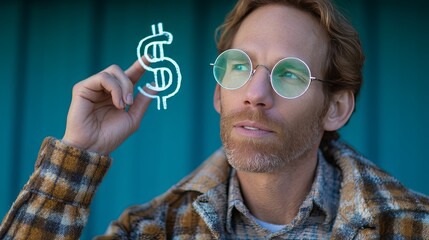Middle aged man with glasses looking at a neon-colored dollar sign.