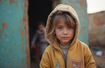 Portrait beautiful girl poverty. Child in yellow hoodie stands looking at camera. Childish innocence, eyes. Shanty town, background. Concept poorness, social issues. Poverty, slum, childhood in