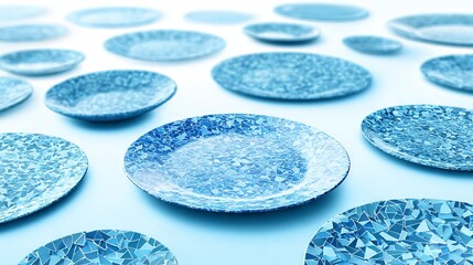 One plate with blue colored mosaic pattern in focus in a pattern with plates. 