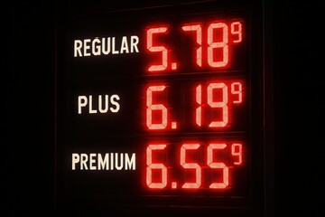 Fototapeta premium Illuminated gas station price sign displays high costs for regular, plus, and premium gasoline during an economic inflation period on a dark background.