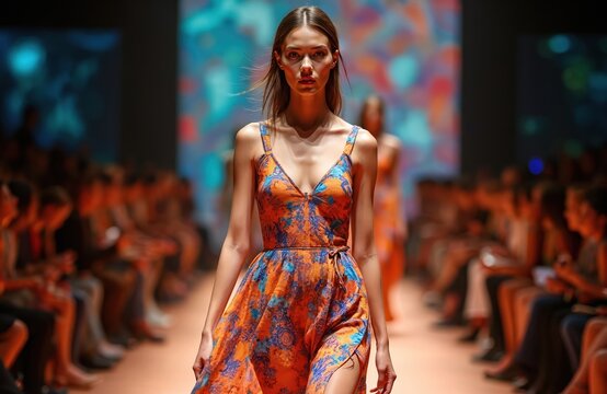 Beautiful model walks fashion runway. Colorful dress with floral print in bright colors. Audience watches fashion show, catwalk, new clothes collection.