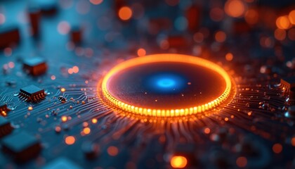 Orange glowing circle with blue center, futuristic tech design, modern digital technology, abstract concept. High-tech background, electronic circuit board, computer chip, data transfer, artificial