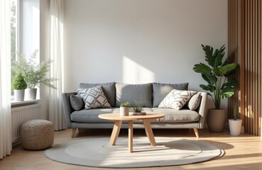 Modern home interior with sofa round table and plants. Living room design features grey sofa pillows window natural light. Minimalist home decor. Contemporary apartment.