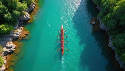 Aerial view of a rowing team on a turquoise river. Crew competes in a rowing race. Nature scene with lush foliage rocky banks. Sports competition, water, summer, teamwork.