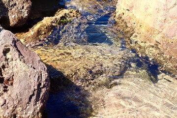 Sunlight dances on the surface of shallow seawater among rocky formations. The clear water reveals stones, algae, and marine textures below, creating a peaceful coastal scene.