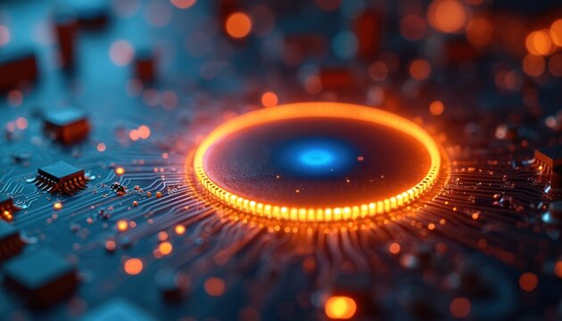 Orange glowing circle with blue center, futuristic tech design, modern digital technology, abstract concept. High-tech background, electronic circuit board, computer chip, data transfer, artificial - Powered by Adobe