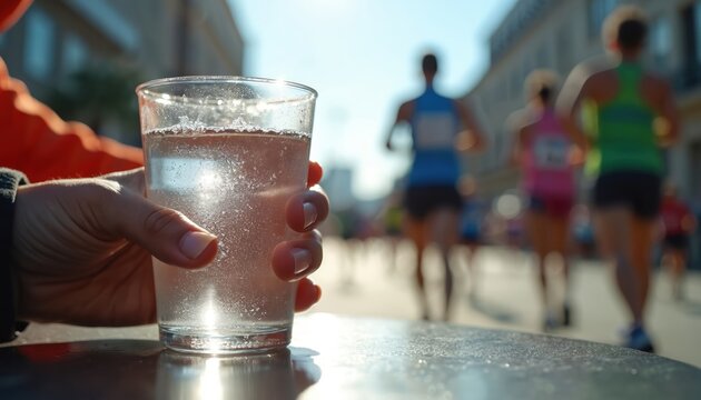 Person holds glass cold water. Hydration station at marathon running race. Athletes run on background. Concept of healthy lifestyle sport events, thirst quenching after exercise, hot weather.