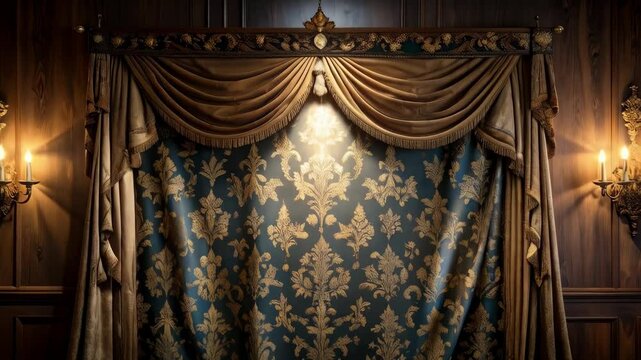 Ornate damask curtains, sconces with candles, wooden paneling create luxurious, elegant scene with a dramatic and vintage style.
