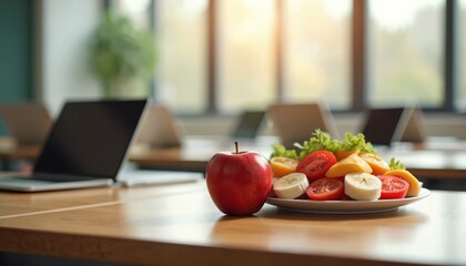 Fresh fruits and vegetables on plate in modern classroom. Red apple, sliced tomato, banana and lettuce on table near open laptops. Healthy eating concept for student lunch in school.