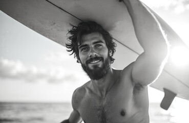 Young hipster man surfing, carries longboard, smiling at camera. Sporty bearded man with surfboard on beach. Freedom concept, extreme sport. Black and white photo.