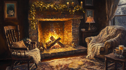 Christmas Fireplace Interior with Armchairs and Lights – Festive Holiday Living Room

