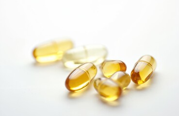 Soft gel capsules with fish oil, omega 3, 6, 9, vitamins A, D, E, evening primrose oil. Transparent pills on white background. Health supplements for wellness, diet, medication, pharma. Close-up.