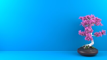 White bonsai tree with pink flowers in a bright blue environment - graphic design template - blue background design template