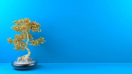 Fotobehang Bonsai Golden bonsai tree with gold flowers in a bright blue environment - graphic design template - blue background design template  © Dimitrius