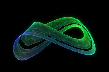 Infinity flow design in bright neon green and blue - abstract glowing background design element - 3D Illustration