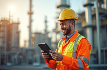 Smiling oil refinery worker in safety uniform inspects equipment using tablet. Caucasian man in hard hat performs maintenance tasks with digital tech at industrial plant. Oil, gas industry employee