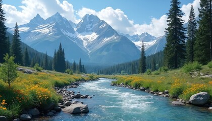Scenic mountain river landscape, with wildflowers, snowy peaks. Crystal clear water stream flowing through rich green valley. Tranquil scenery with evergreen forest, blue sky. Ideal travel photo for