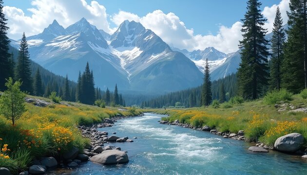 Scenic mountain river landscape, with wildflowers, snowy peaks. Crystal clear water stream flowing through rich green valley. Tranquil scenery with evergreen forest, blue sky. Ideal travel photo for