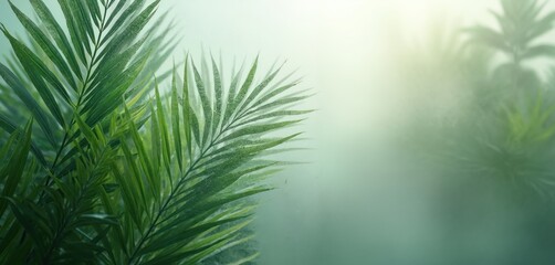 Green palm leaves behind frosted glass. Serene, diffused pattern evokes calm. Tranquil nature interior design. Blurred background creates space for text or other design elements.