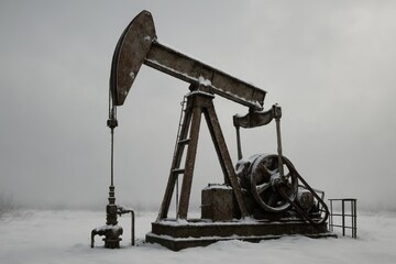 A weathered oil pump jack stands frozen in a snowy field against a grey sky, representing the energy industry and the challenges of resource extraction in winter