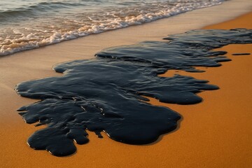 Crude oil spill pollutes the sandy beach, creating a stark contrast with the ocean waves, highlighting environmental damage and the urgent need for cleanup efforts.