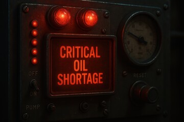 Fototapeta premium A close-up shot of an industrial control panel displaying a critical oil shortage message, with illuminated red lights and gauges indicating system status.