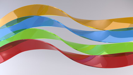 Colorful abstract glass ribbons wave flow on bright gray background - 3D Illustration