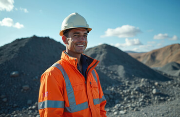 Naklejka na ściany i meble Smiling FIFO worker wearing safety helmet, high visibility orange jacket. Man at mining site, construction industry, natural resources, wearing uniform. Focus on male employee in front of rock pile,