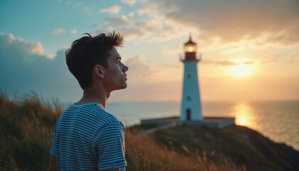 Young man contemplates sunset near lighthouse. Coastal scenery depicts sea, ocean waves and a bright horizon. Traveler explores the shore on vacation at dusk, scenic romantic mood.