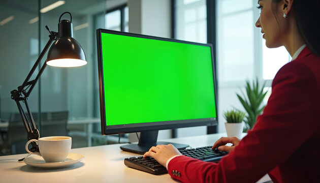 Successful businesswoman at desk in office, using green screen display for work. Caucasian female employee, over the shoulder shot. Chroma key screen for product demo, website, app presentation. - Powered by Adobe