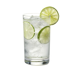 Gin and tonic cocktail with lime slices on a white background  