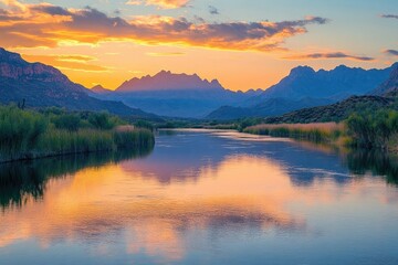 Scenic landscape of a tranquil river reflecting a vibrant sunset with mountains and lush vegetation.