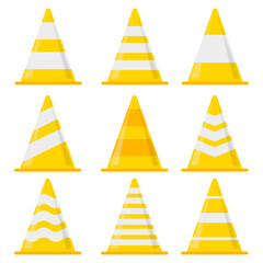 Traffic cones on a white background yellow color concept isolated set icons vector