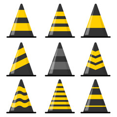 Set of traffic cones black and yellow color concept icons illustration