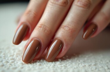 Close-up of woman hand with mocha mousse nail polish. Glossy finish, perfect manicure. New trendy nail design. Manicure treatment, nail art, beauty, fashion concept.