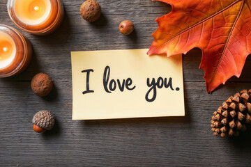 Heartfelt handwritten I love you note with autumn decorations and warm candles on a wooden table, seasonal greeting of love and affection with candles and pinecone