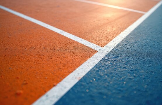Blue orange sport court with white lines. Image suitable for sport themes like volleyball, basketball, badminton. Lines on court mark boundaries, fields, zones. High quality wallpaper, web, app