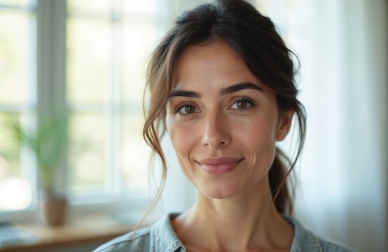 Portrait of smiling 38 year old woman at home. Brunette with soft brown eyes looks directly at camera. Natural beauty against blurred home office background, positive emotion.